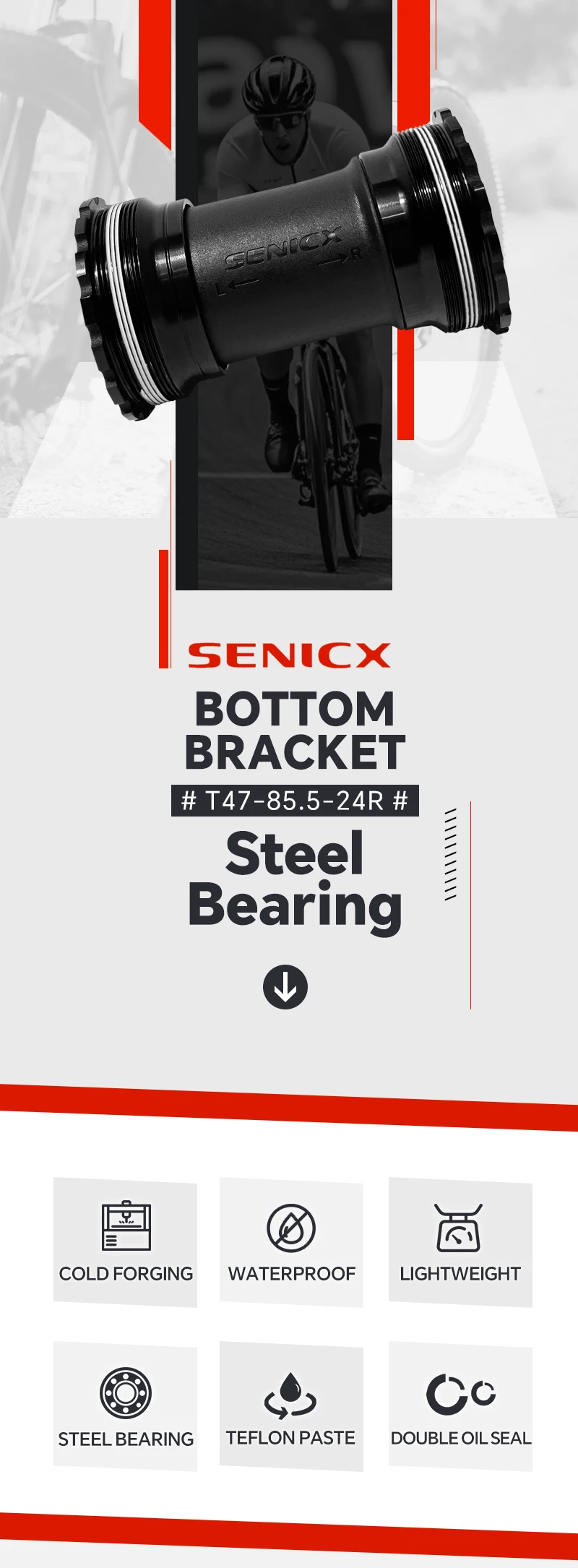 SENICX T47 85,5 mm Tretlager, passend für 24 mm Kurbelgarnitur, wasserdichte Stahllager für Fahrradgewinde, zentrale Bewegung, Rennrad – Detail 1