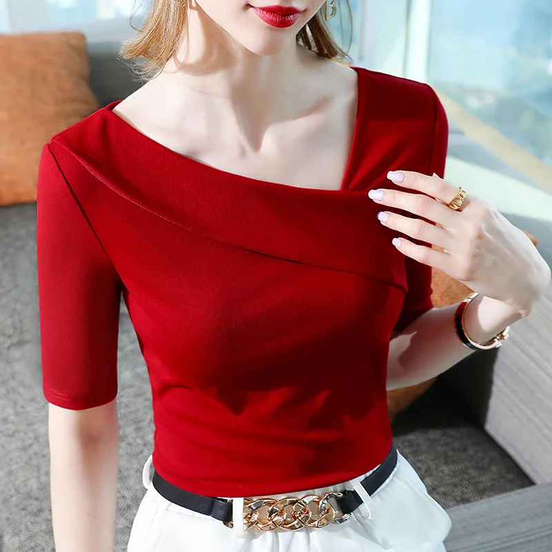 

Medium-sleeved T-shirt Women's Summer New in Clothing Slanted Shoulder V-neck Half-sleeved Cotton T-shirt Tight-fitting Top