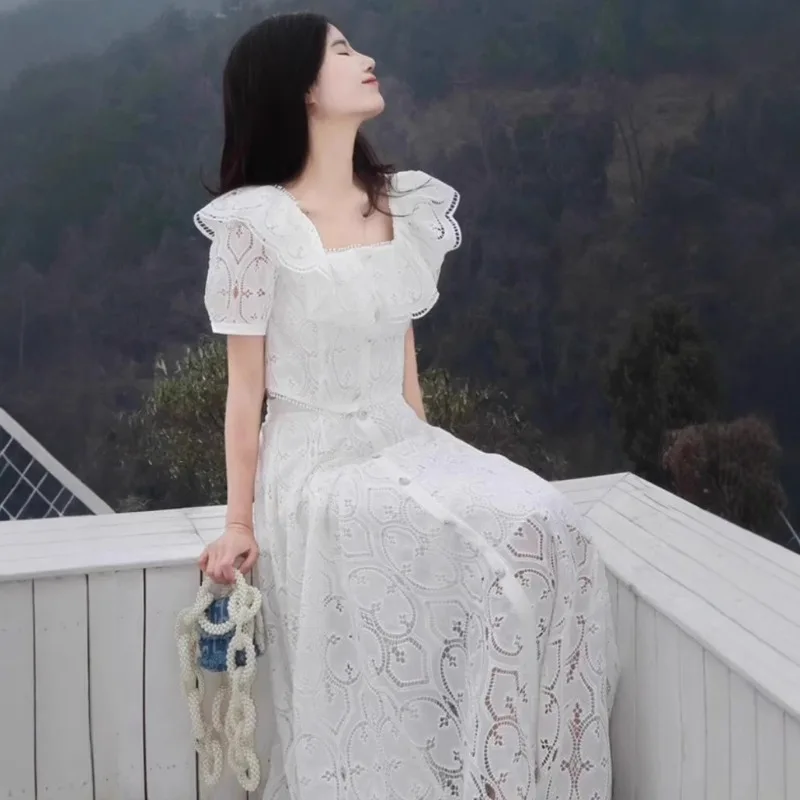 Lace Square Neck Ruffle Leaf Edge Two-piece Suit Skirt High Sense Light Mature Style Temperament White Top Half-length Skirt
