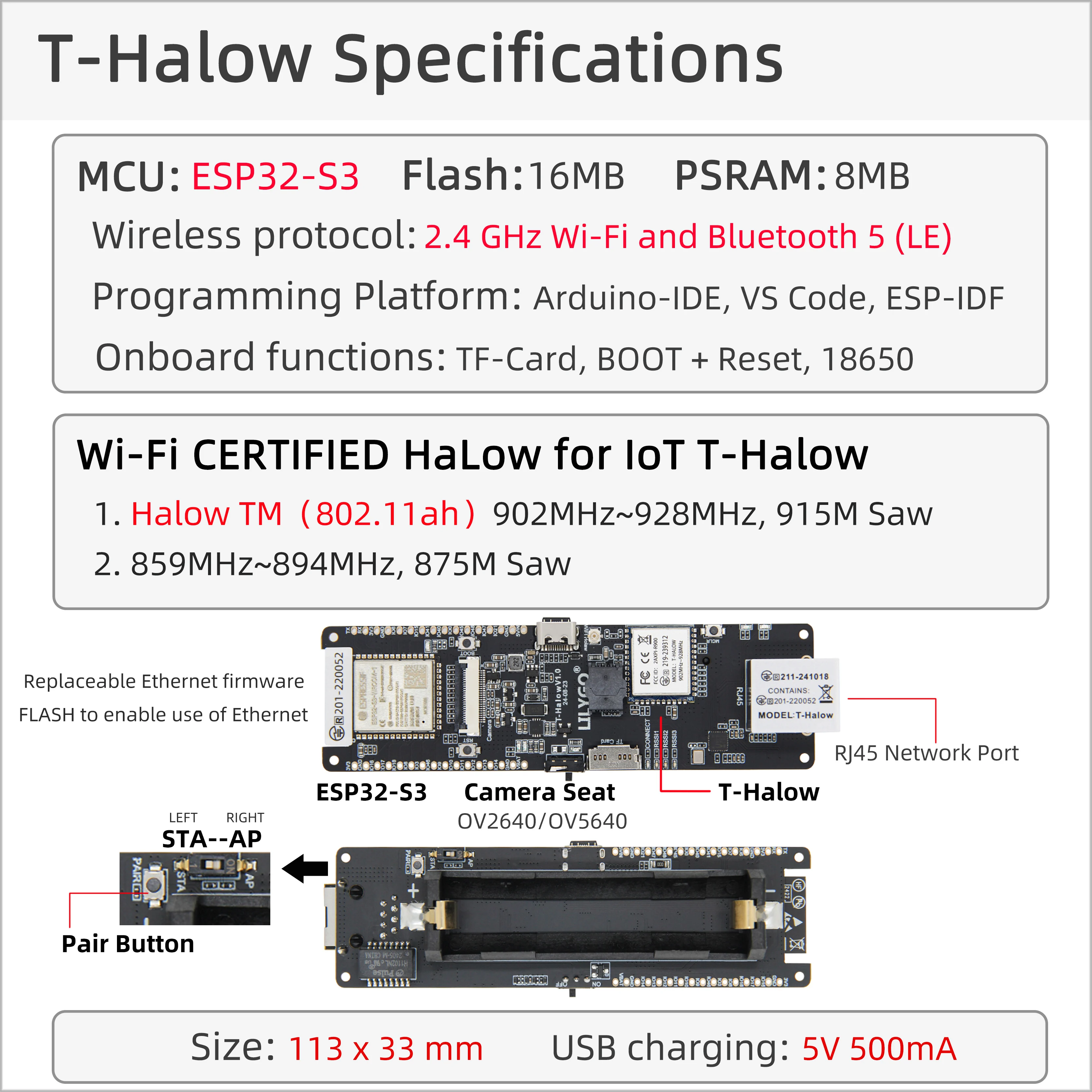 LILYGO T-HaLow ESP32-S3 Module Low Power IoT Development Board with Wi-Fi HaLow 875M/915M MIC Certification Battery Holder