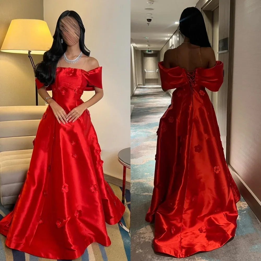 Customized High Quality Pleat Flower A-line Off-the-shoulder Long Dresses Evening Dresses Classic Exquisite Modern Style Pastrol