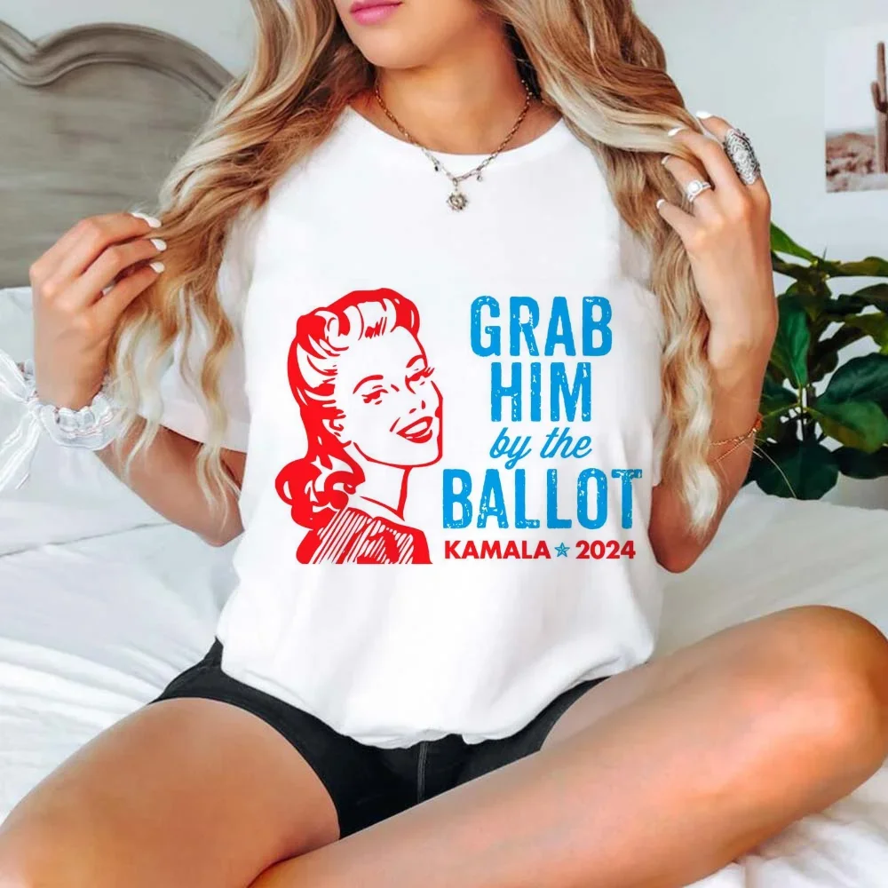 Grab Him By The Ballot Kamala 2024 Printed Pattern T-Shirt Fashion Versatile Women's Clothing Summer Short Sleeved Top T-Shirt