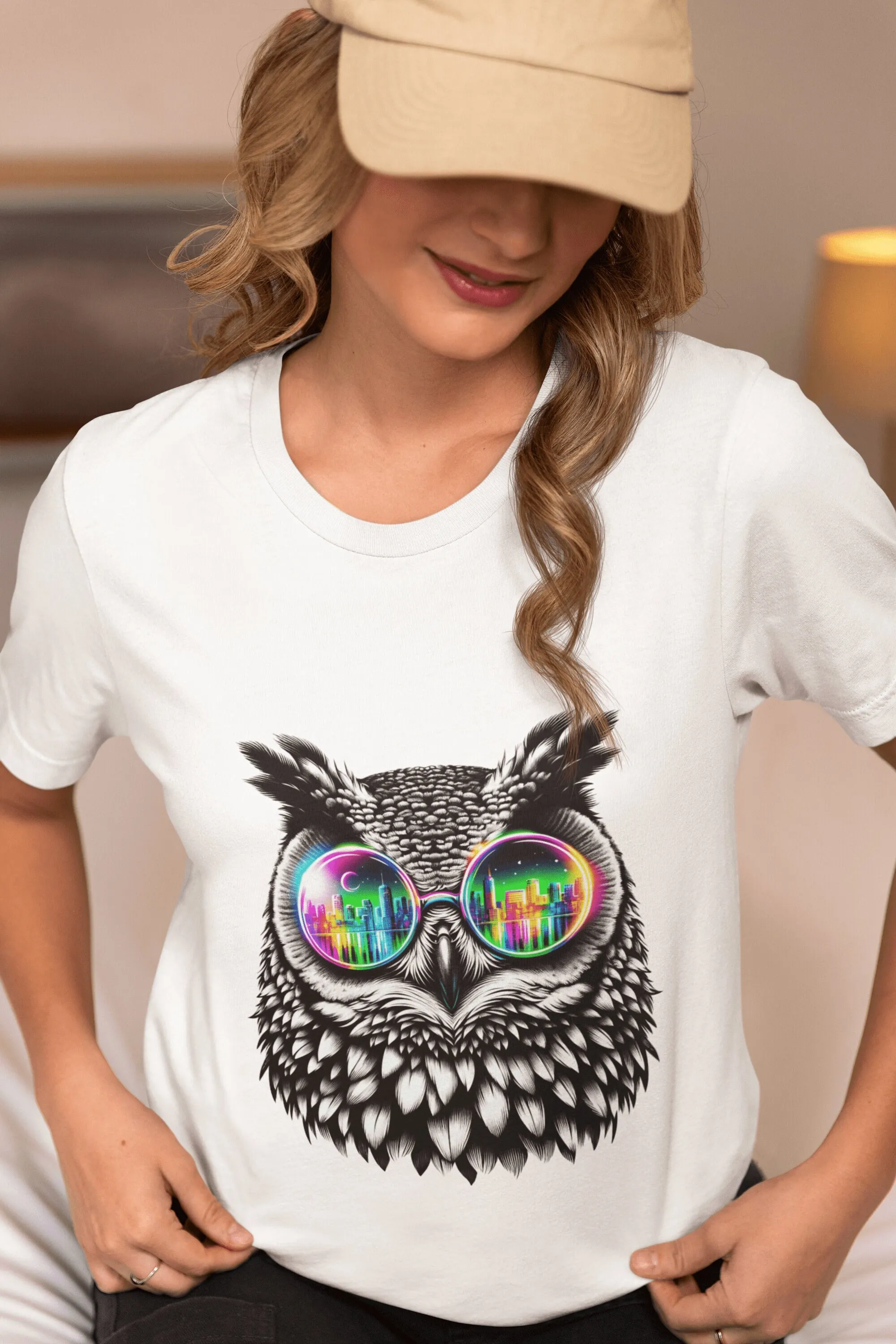 Owl with Neon Cityscape Glasses T Shirt Cotton Vibrant Urban Print Stylish Casual Wear Unique Bird