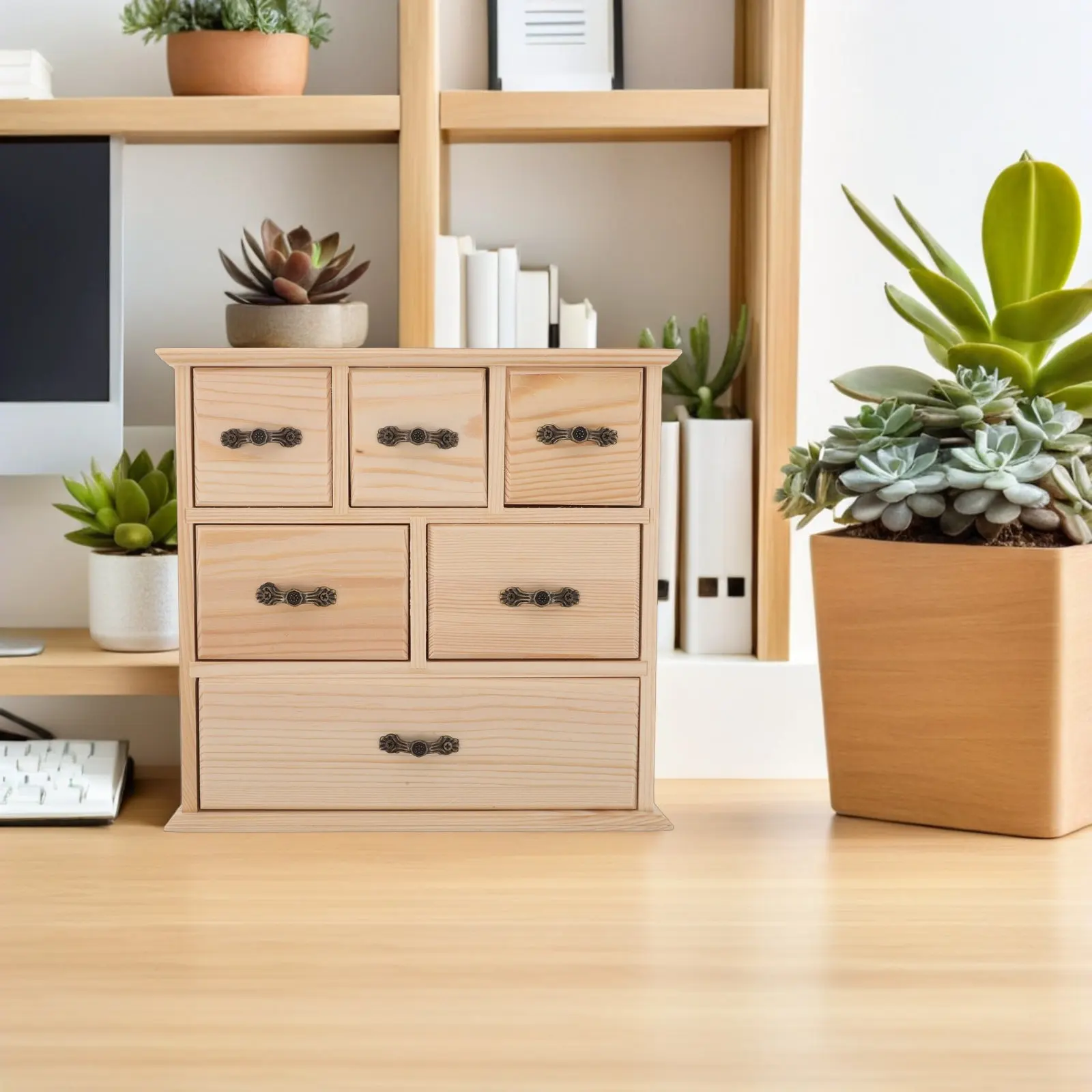 Wooden Desktop Storage Organizer 6 Drawers Natural Solid Wood Mini Desk Organizer Office Stationery Makeup File Supplies Storage