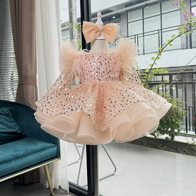 0-12 years old baby dress Christmas birthday first year party long sleeve sequin fluffy girl princess dress