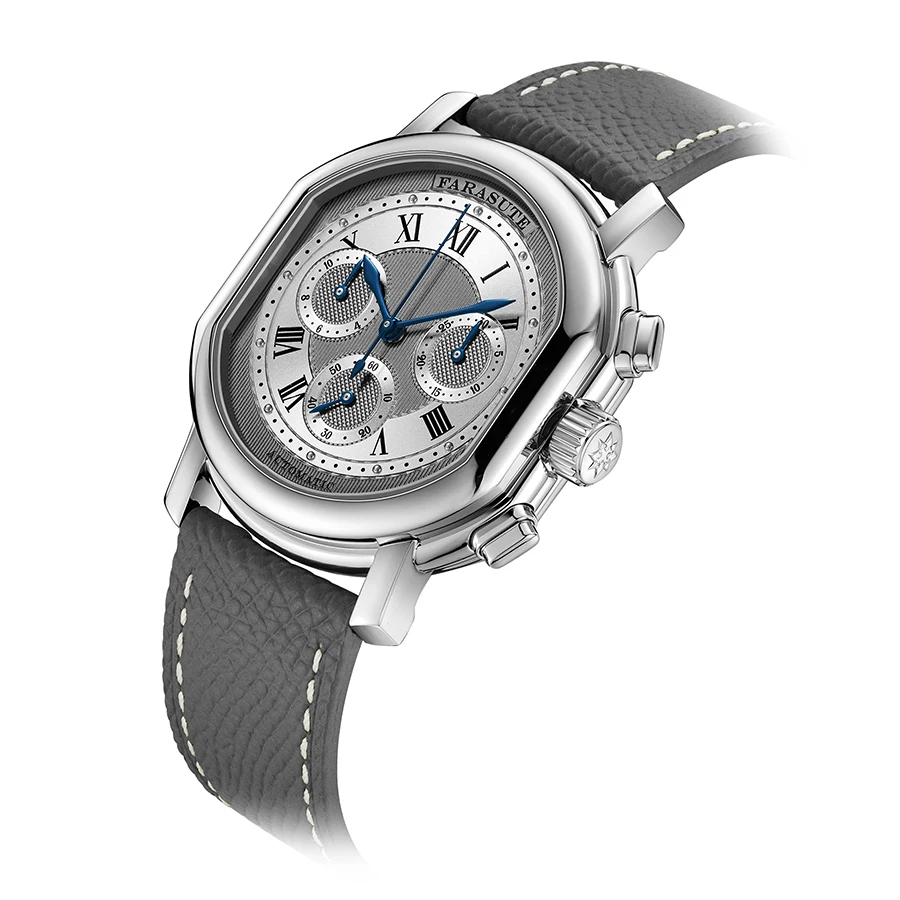 FARASUTE Men Automatic Watch 38mm Oval Chronograph Mechanical Wristwatch Sapphire 3Bar Waterproof Triples Windows Peacock 4801