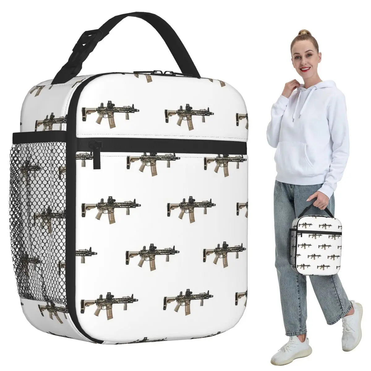 

AR-15 Tan Camo Gun - White Insulated Lunch Bag for Women Office Cooler Thermal Food Box Tote Portable Lunch Boxes Container