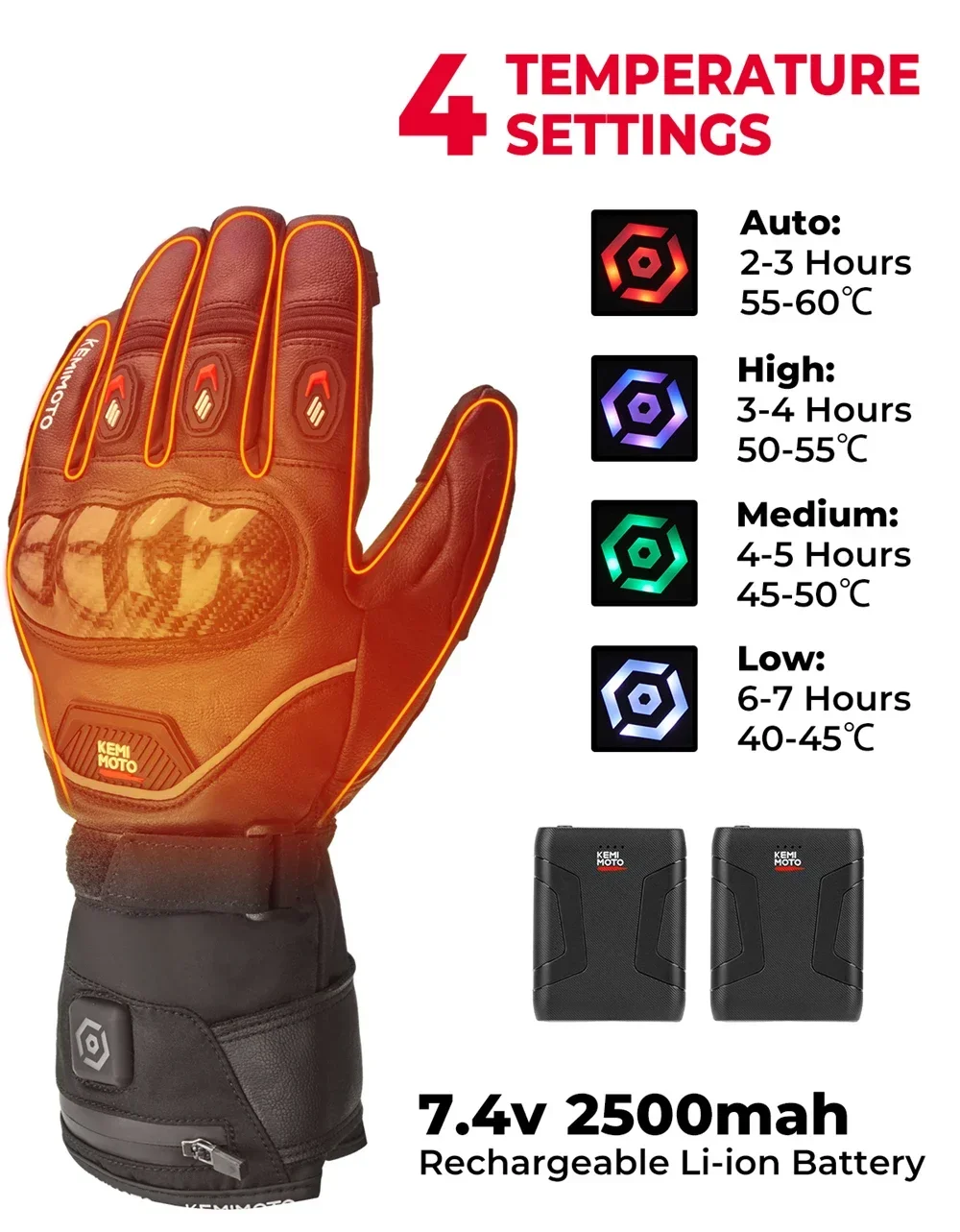 KEMIMOTO CE 2KP Leather Heated Moto Gloves Winter Motorcycle Waterproof Touch Screen Ski Camping Heated Gloves Battery Motorbike