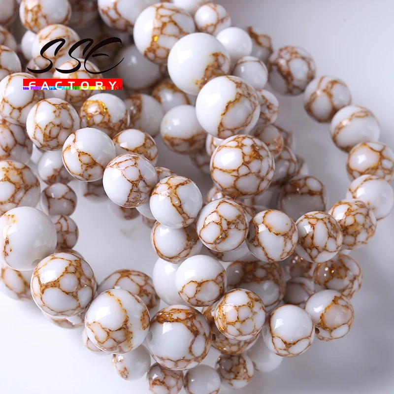 Natural Stone White Howlite Spun Gold Beads Round Loose Spacer Beads for Jewelry Making DIY Bracelet Necklace 15'' 4/6/8/10/12mm