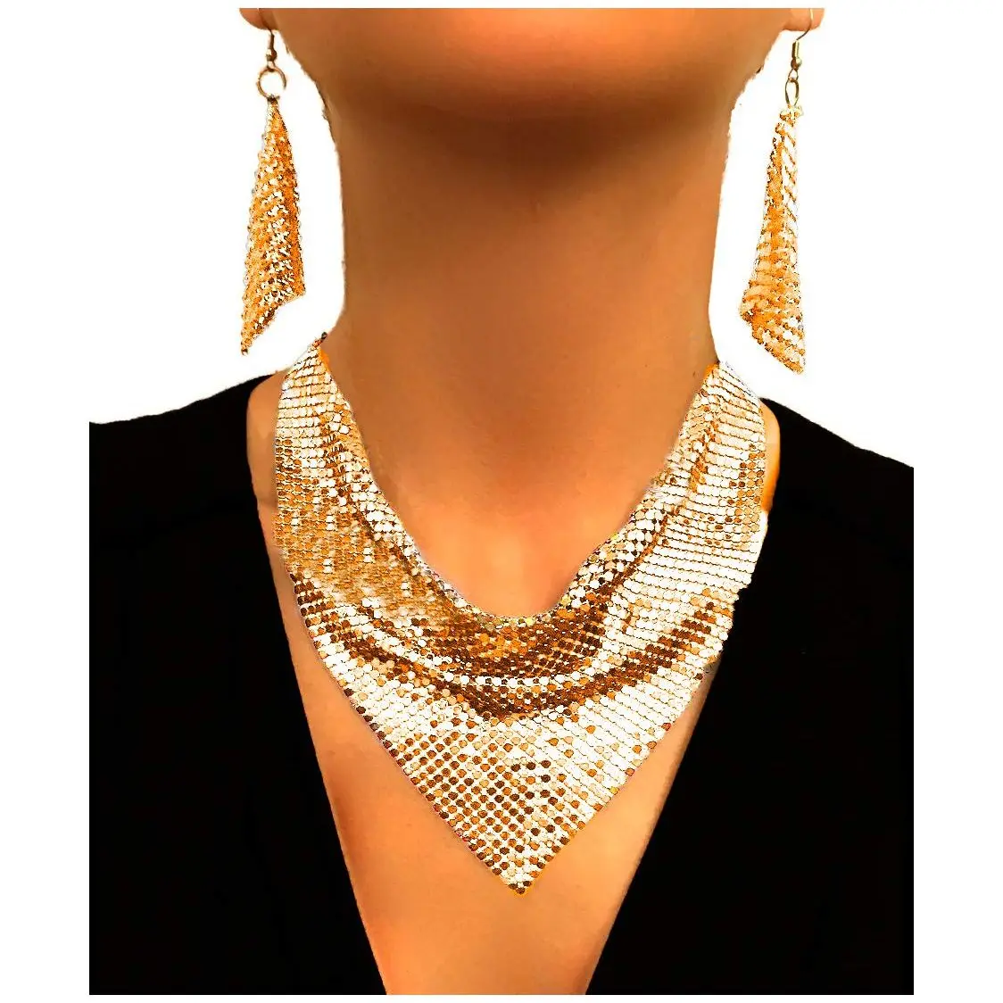 Sequin Leopard Metal Triangle Scarf Necklace Earrings Personalized Gradient Neckline Jewelry Set Metal Mesh Neck Accessories