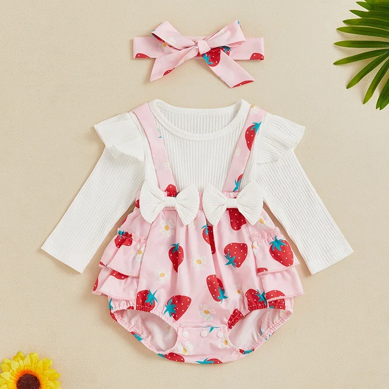 New Infant Toddler Newborn Baby Girls Romper Long Sleeve Crew Neck Strawberry Print Patchwork Bodysuit Jumpsuit Casual Clothes