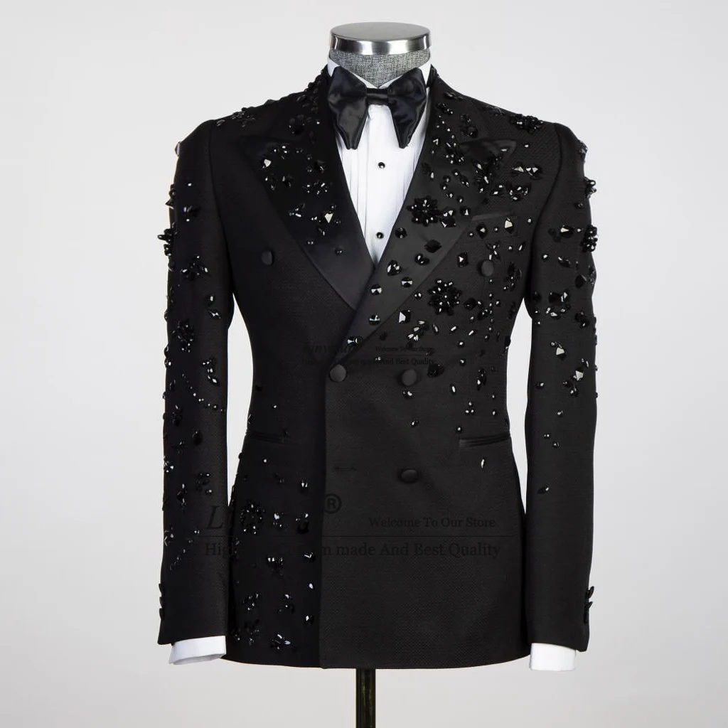 Metal de luxo embelezado homens ternos, entalhado lapela noivo smoking, casamento Prom Blazers, Calças Outfit, Terno masculino