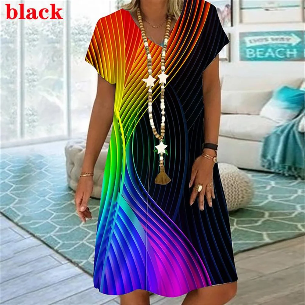 New Rainbow Striped 3D Print Women Dress Elegant Sweet Casual V-Neck Short Sleeve A-Line Dress Summer Fashion Oversized Clothing