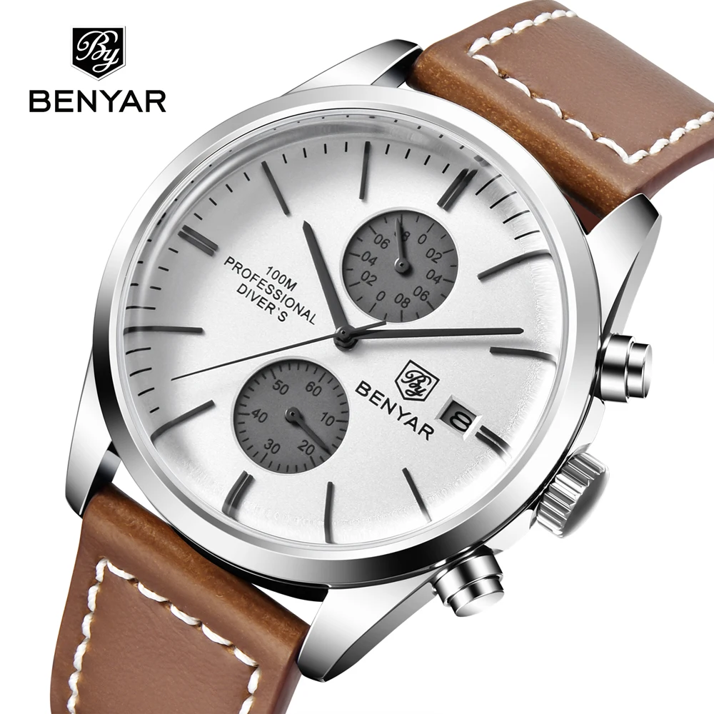 BENYAR Mens Watches 2023  Quartz Watch For Men Top Luxury Sports Military Fashion Leather Chronograph Luminous Relogio Masculino