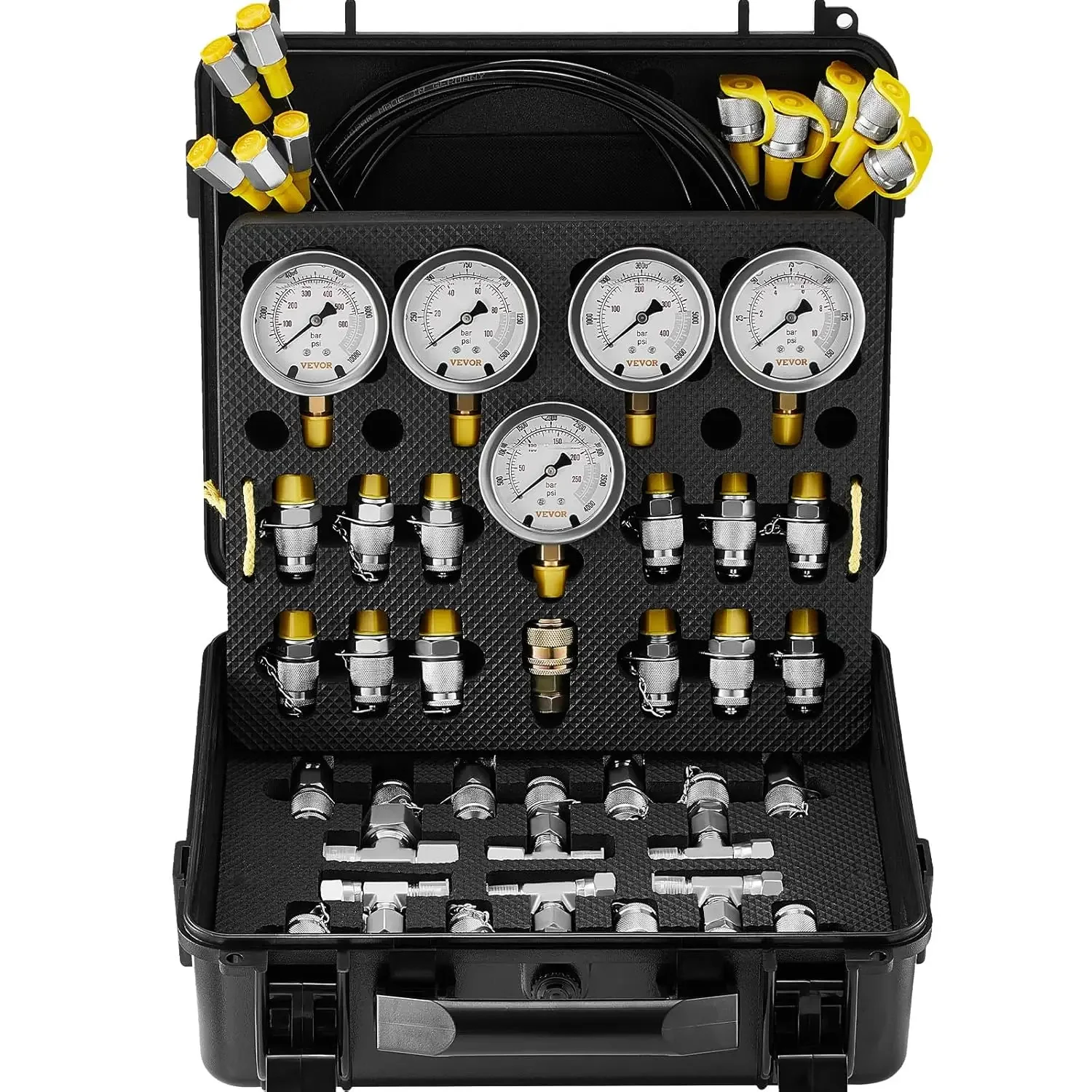 Hydraulic Pressure Test Kit, 10/100/250/400/600bar, 5 Gauges 13 Test Couplings 14 Tee Connectors 5 Test Hoses, Hydraulic Gauge K