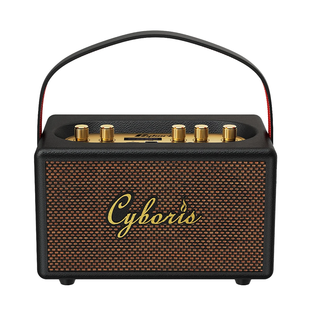 Cyboris Retro Wood Karaoke 80W Wireless Speaker T9 Leather 5 EQ Switches with 2 UHF Microphone TWS Support U Disk/TF/AUX Mode