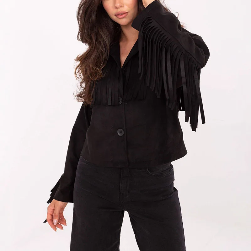 

Fashion Tassel Decoration Long Sleeve Coat Elegant Lapel Women's Loose Commute Outwear Fall Solid Color Simple Streetwear Jacket