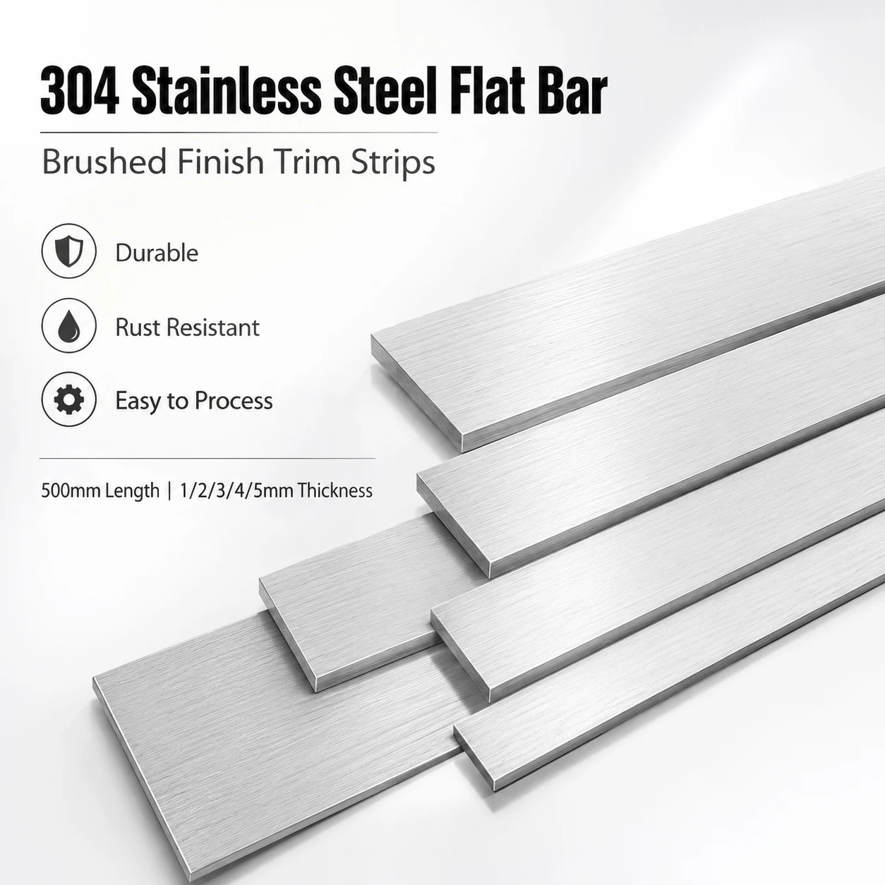 1-2Pcs 304 Stainlesss Steel Flat Bar 500mm, Corrosion Resistant Brushed Finish Metal Strip for DIY Craft & Industrial Use