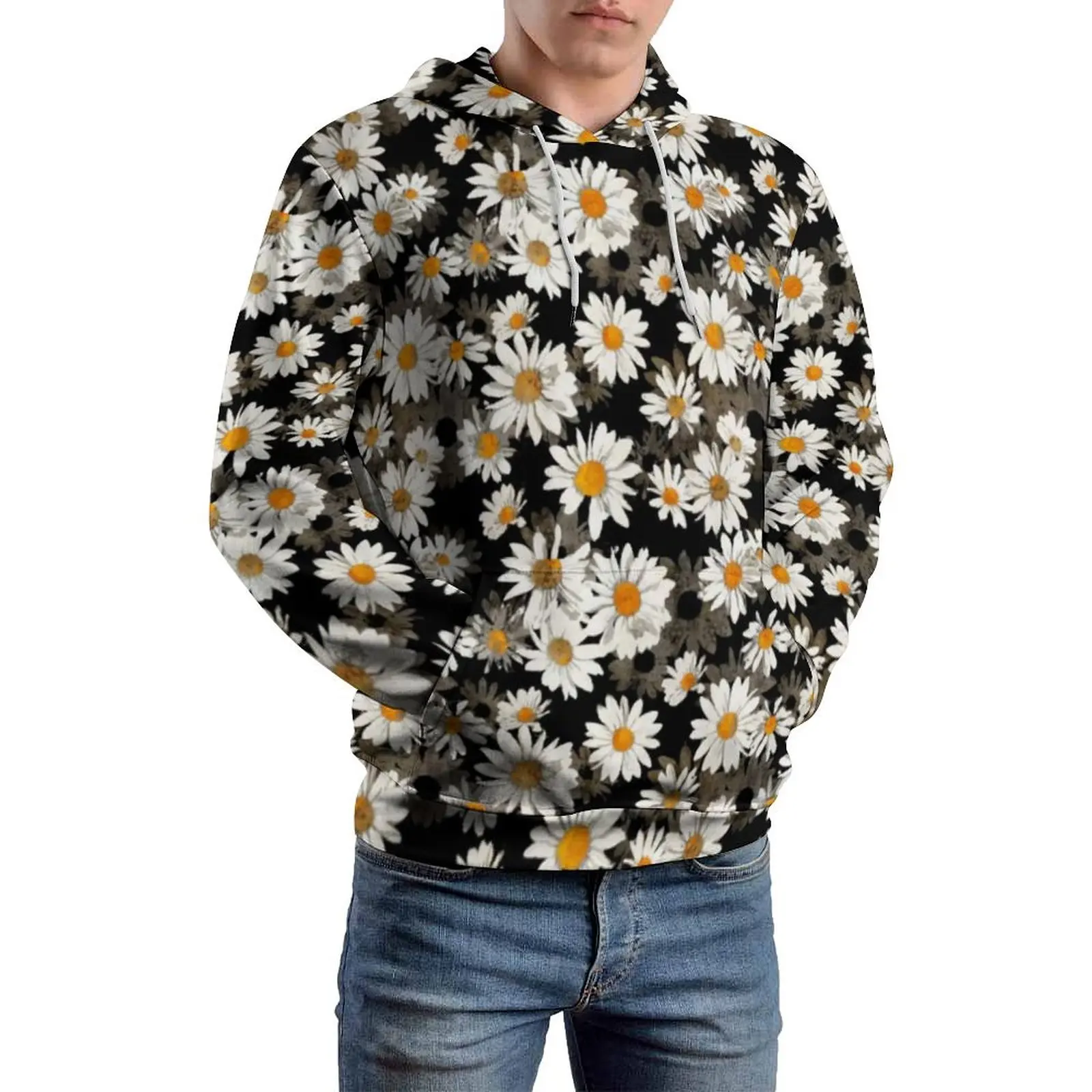 Chic White Daisies Casual Hoodies Men Blossom Floral Modern Design Sweatshirts Winter Long Sleeve Street Fashion Oversize Hoodie