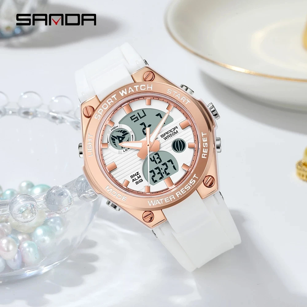 SANDA 6067 ساعة رقمية للنساء معكرون رياضي كرونوغراف التقويم سيدة كوارتز ساعة اليد 50 متر إضاءة مقاومة للماء ساعة إلكترونية