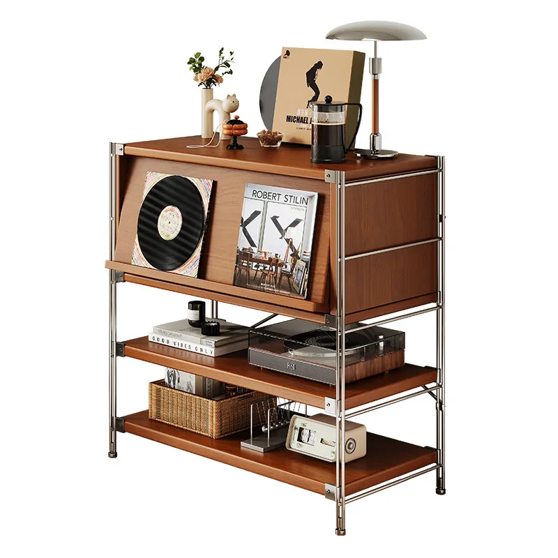 & Mid- Modern Metal Floor-standing Corner Shelf Multi-layer Reinforcement for Records Vintage Sofa-side Cabinet All-in-one