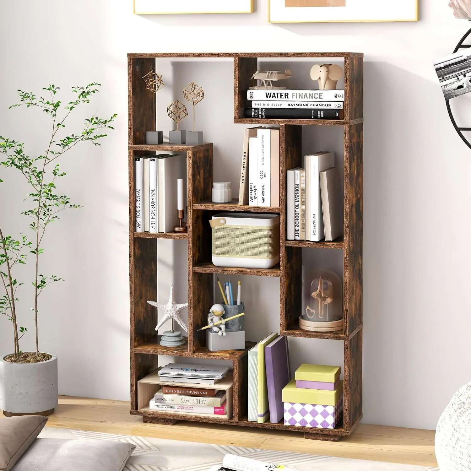 120 cm großes Bücherregal mit 9 Fächern, Standregal, Raumteiler, Mehrzweckregal, Holz, Lagerregal mit Neigungsschutz – Detail 6