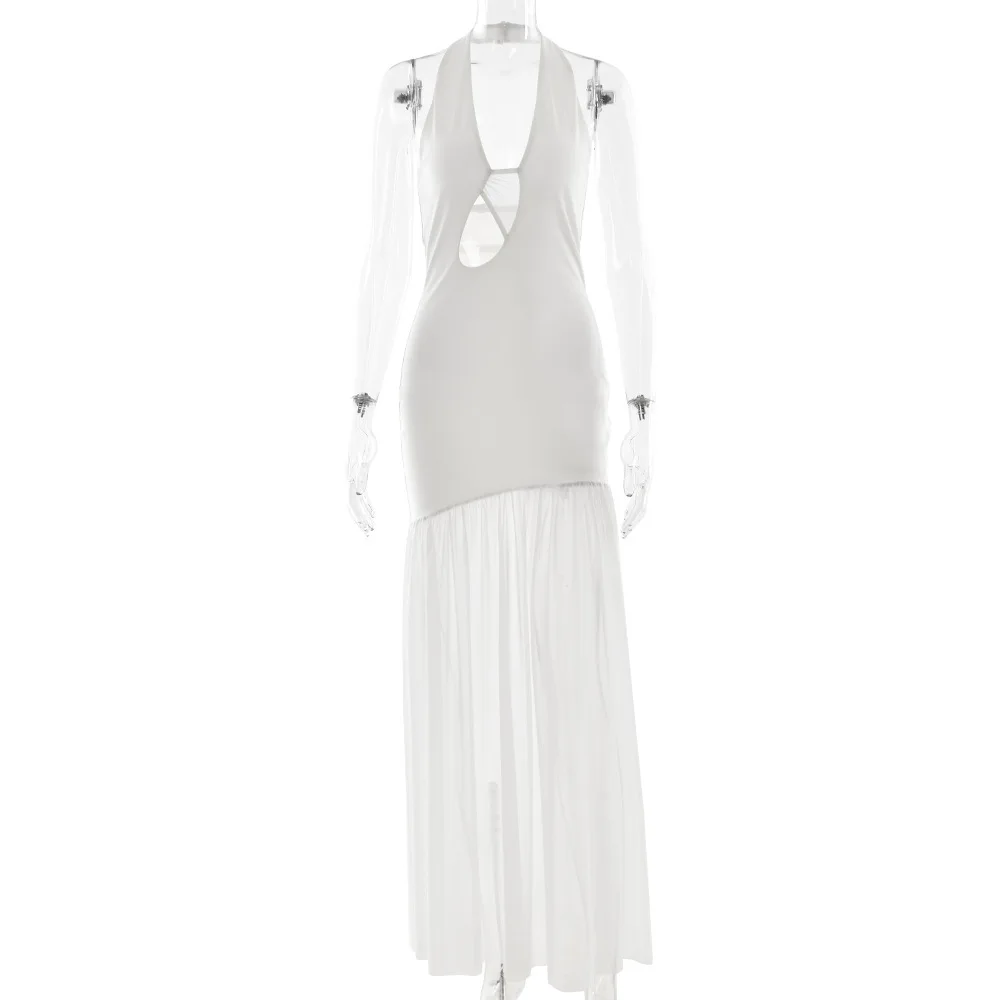 투트윈스타일 섹시 스플라이스 시스루 메쉬 맥시 드레스 여성용 홀터넥 민소매 패치워크 홀로우 백리스 바디콘 드레스 여성