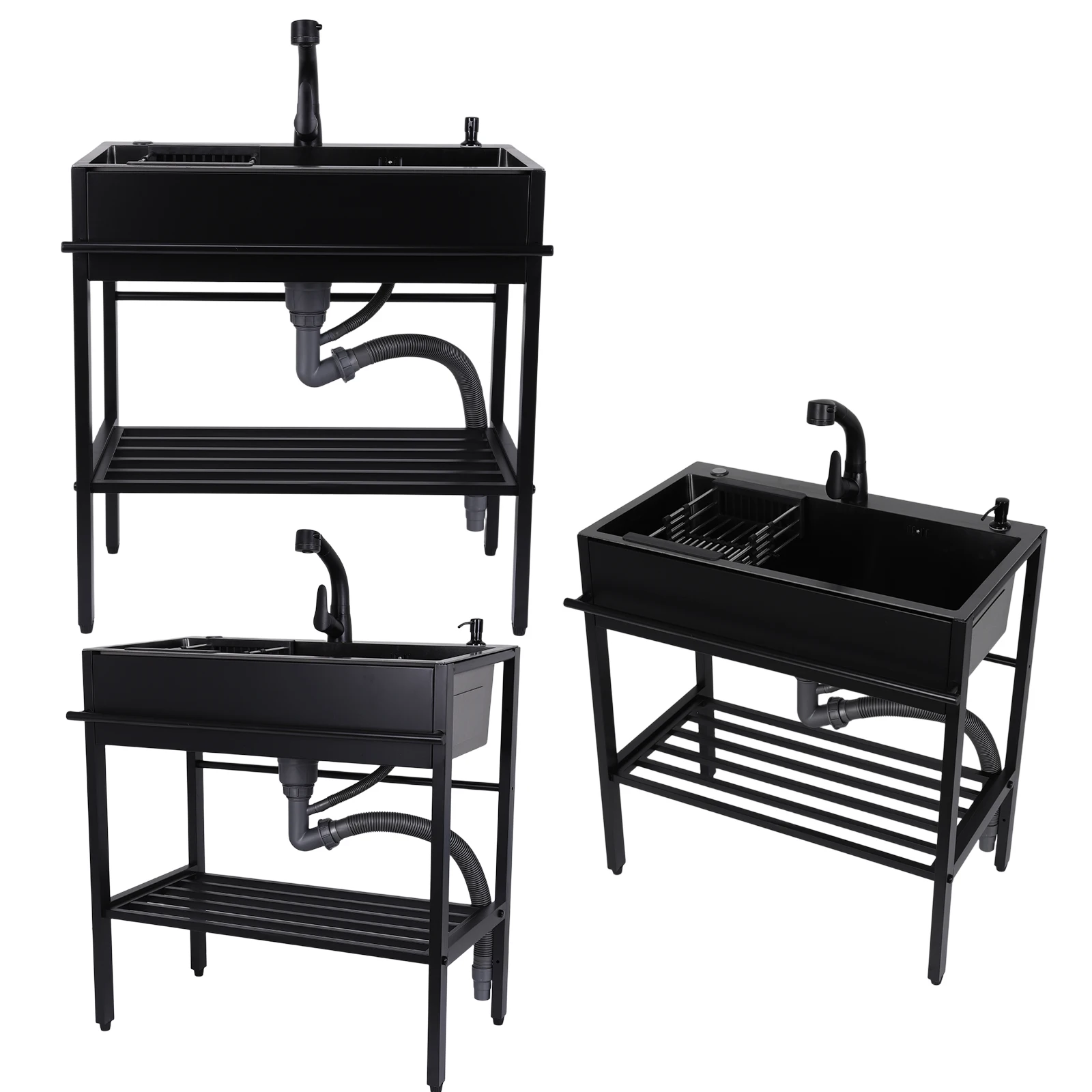 

Utility Sink with Cold & Hot Water Faucet Hoses and Drain Kit Single Bowl Kitchen Sink Stainless Steel Sink Laundry Sink