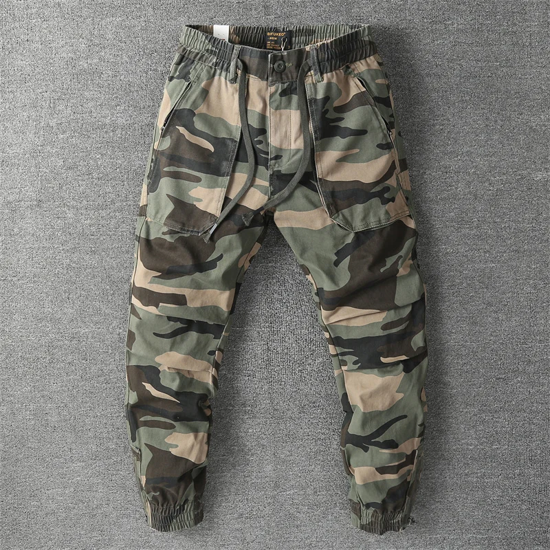 

Men's Spring Camouflage Overalls Safari Style Multi Pockects Cargo Pants Elastic Waist Loose Causal Pants Outdoor Jogger Pants