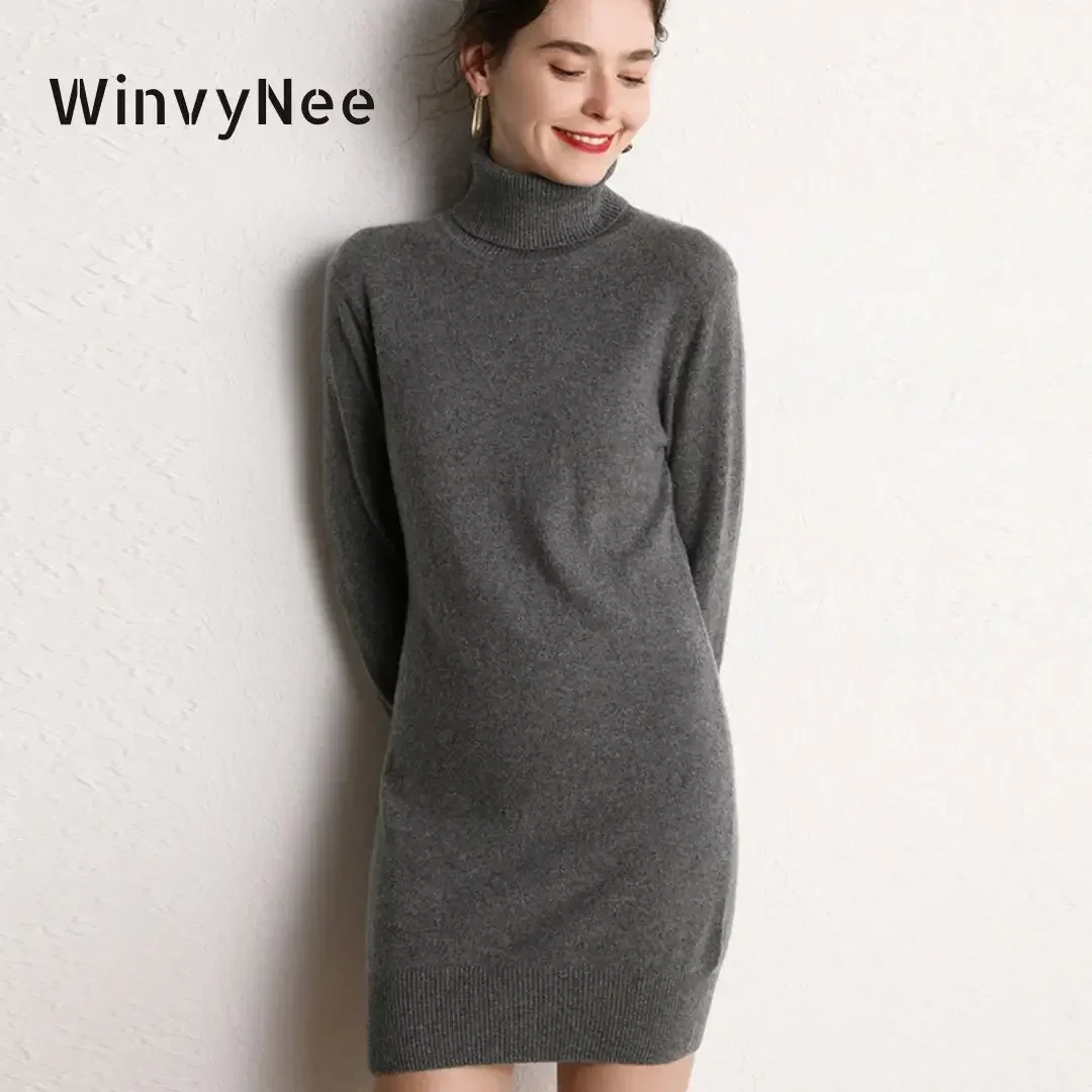 

WinvyNee Women Cashmere Merino Wool Dresses Turtleneck Women Clothing Solid Slim Sexy Y2k Design Long Dress for Women E1174009