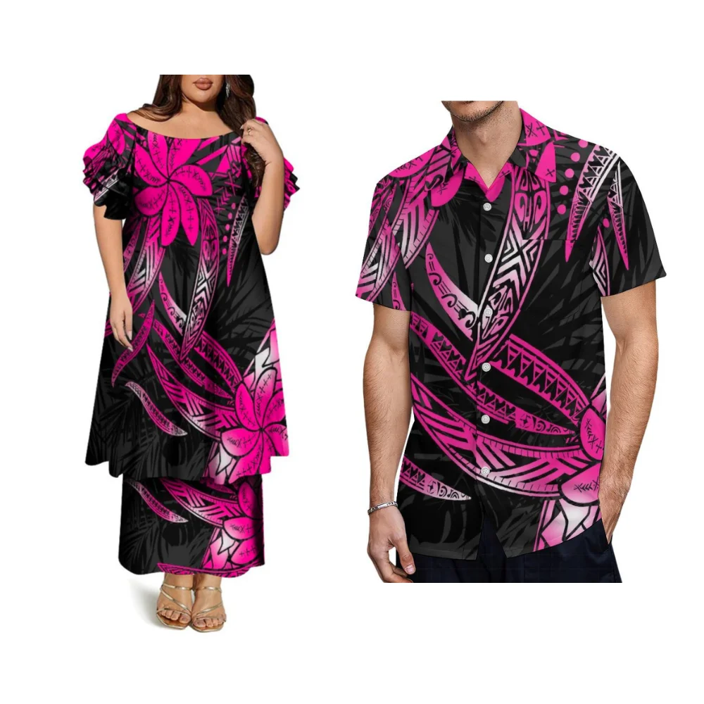 Letnie zestawy Puletasi dla par, polinezyjskie koszule codzienne, damskie koszulki z okrągłym dekoltem, spódnice dwuwarstwowe z rękawami motylkowymi.