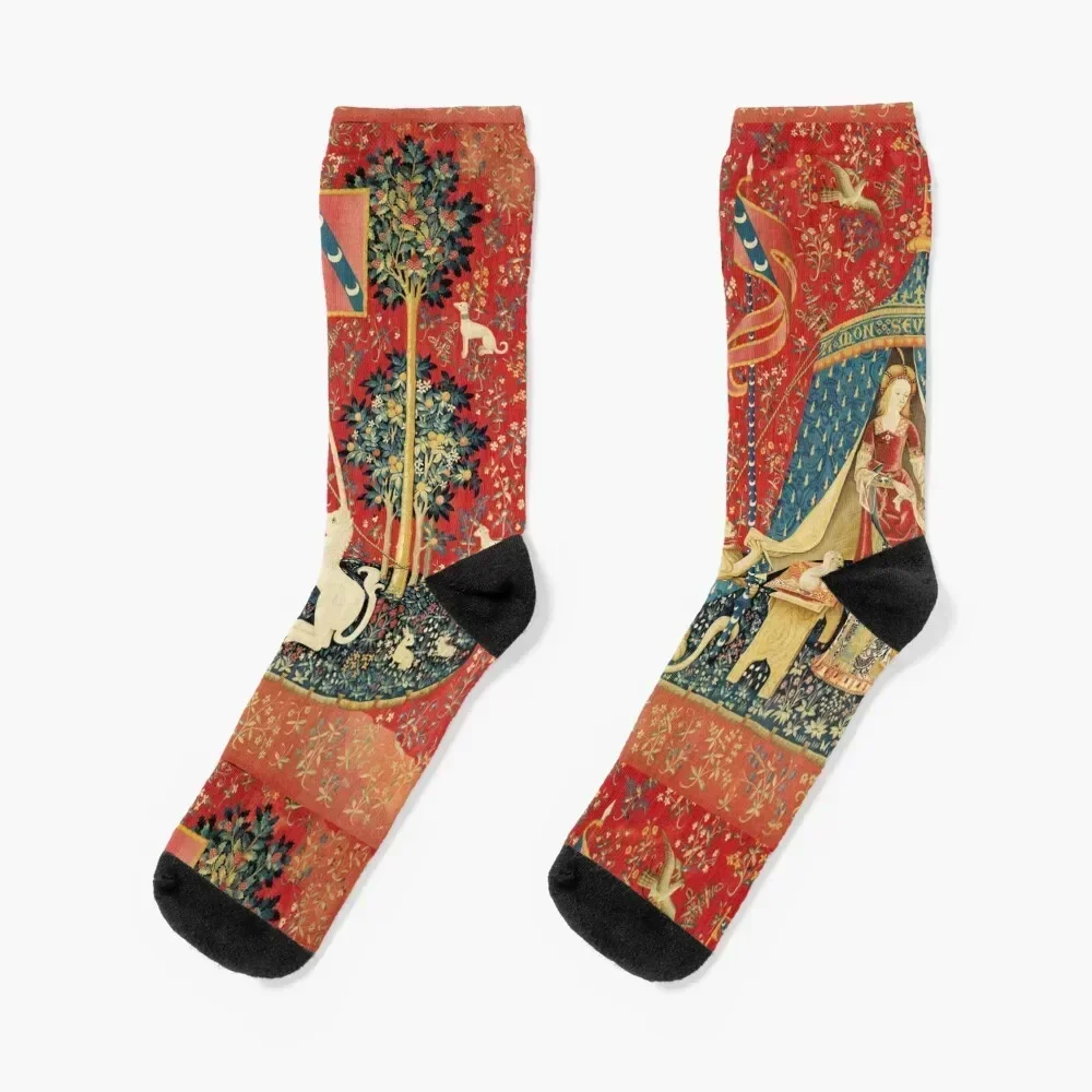 LADY AND UNICORN DESIRE ,Lion,Fantasy Flowers,Animals,Red Green Floral Socks Men's floor Men's Socks Women's