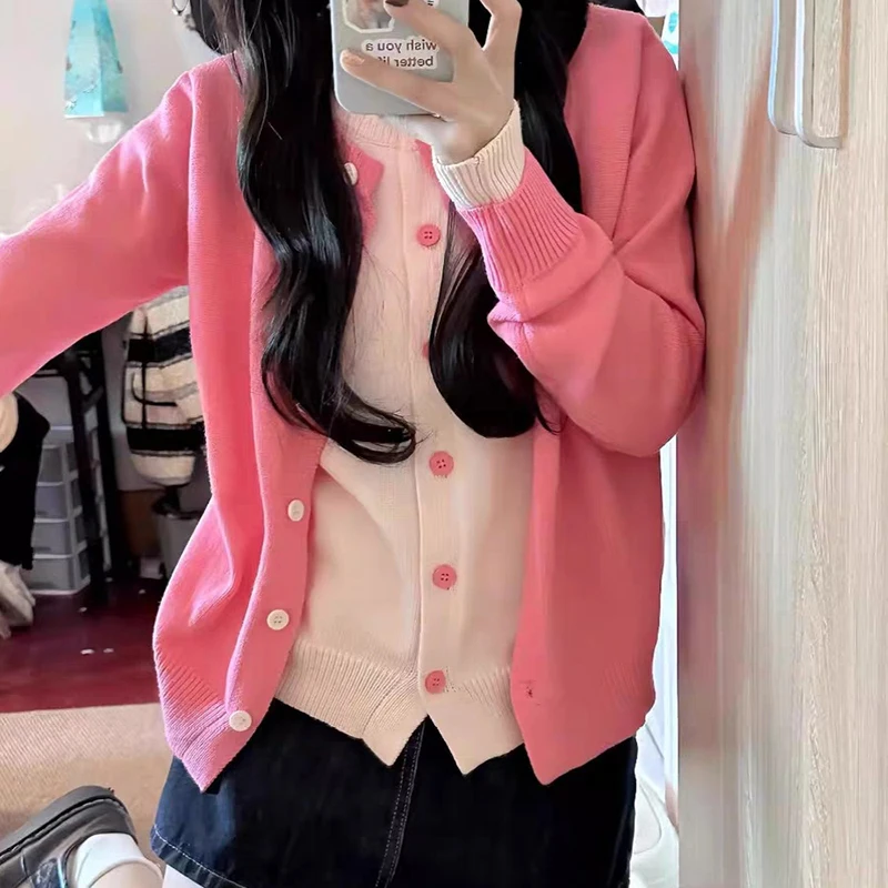 

Ladies Cute Pink Knitting Sweater Fashionable Sweet Fake Two Piece Cardigans Autumn Long Sleeves Round Neck Knitwear For Women