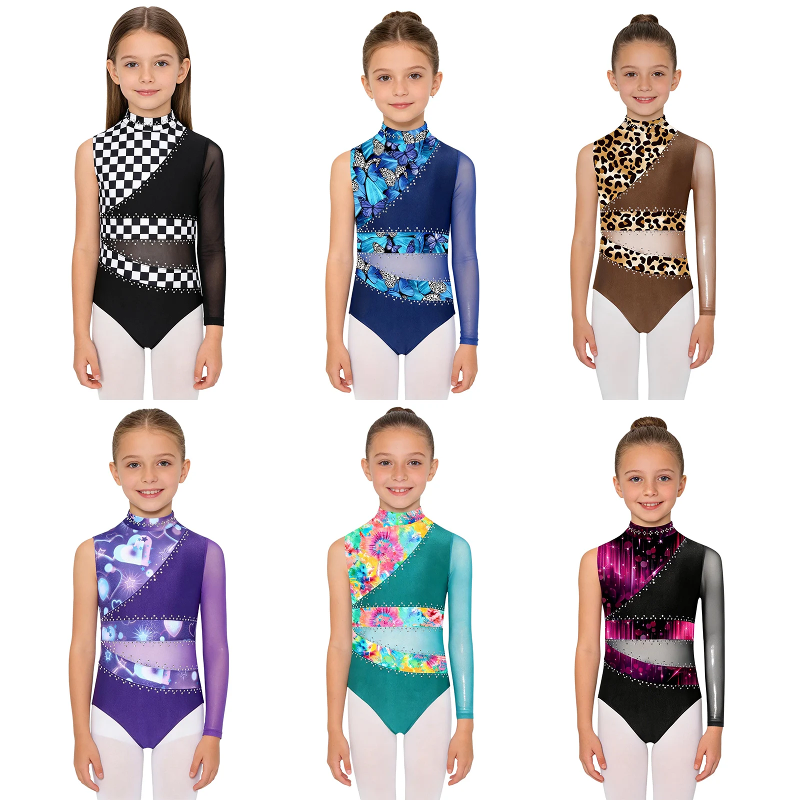 Children Girls Ballet Gymnastics Leotard Shiny Rhinestones Sheer Mesh Print Figure Skating Acrobatics Dance Class Yoga Bodysuit