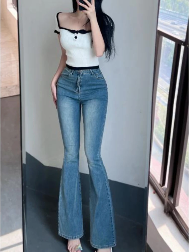 

Woman Flared Jeans Blue Spring Autumn High Waist Shot Denim Pants for Women Stretch on Sale Clothes Vintage Unique 90s Trousers