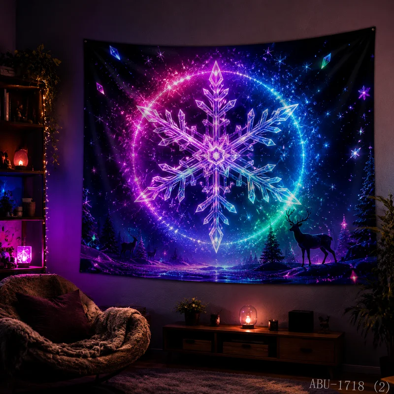 VIKAMA Halo Crystal Snowflake Aurora Reindeer Starry Sky Christmas Tapestry Background Hanging Cloth Living Room Decoration