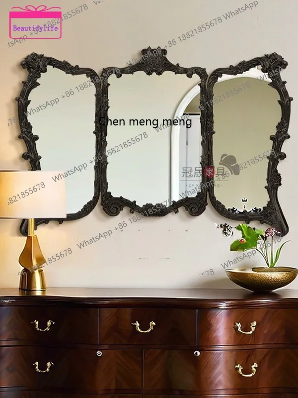 a17 French retro three-fold bathroom mirror living room wall hanging carved special-shaped three-sided mirror European style