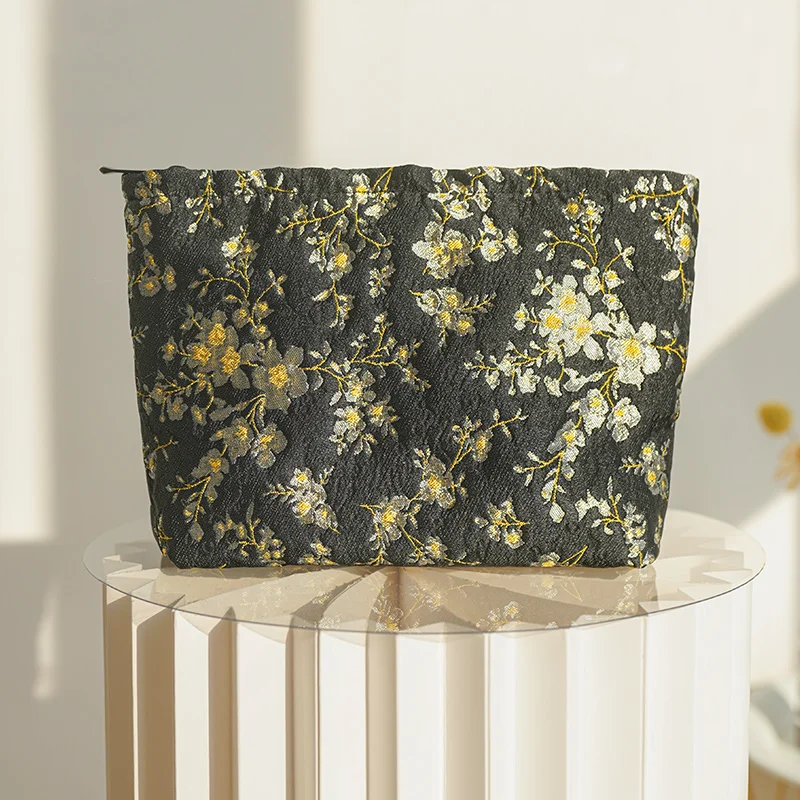 Black Flower Female Cosmetic Bag Portable Travel Amenity Bag Large Capacity Cosmetic Change Storage Bag Commuter Clutch Bag