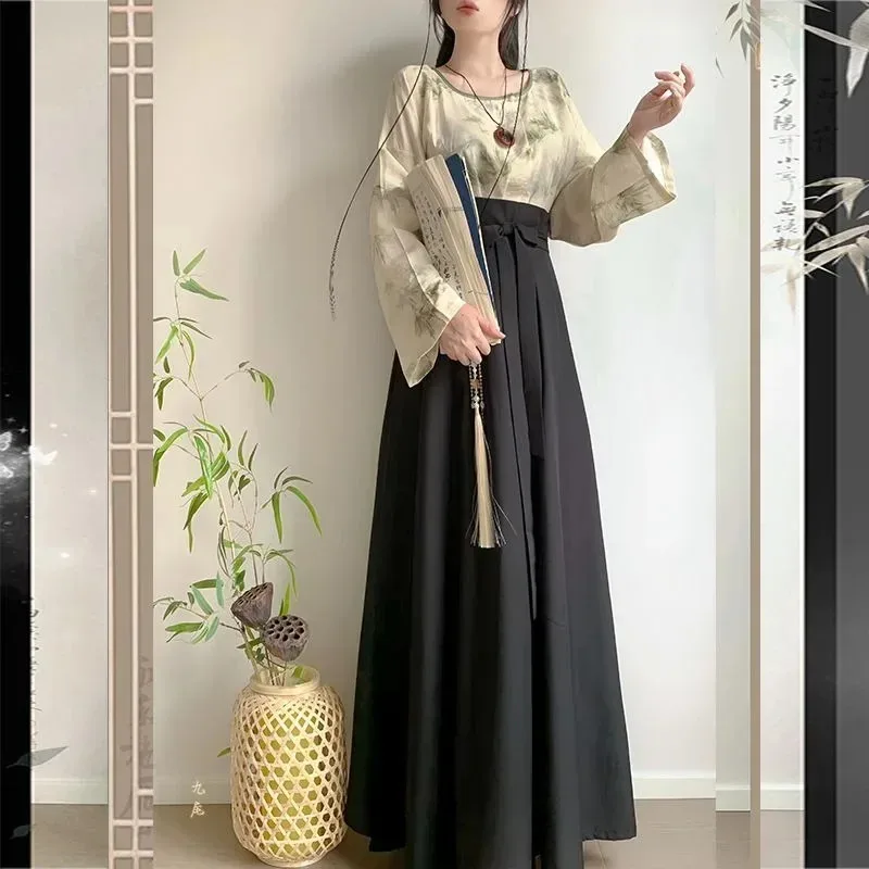 

Women Ancient Chinese Costume Round Neck Long Sleeve Bamboo Print Top Black Skirt Modern Hanfu Vestidos Elegantes Para Mujer