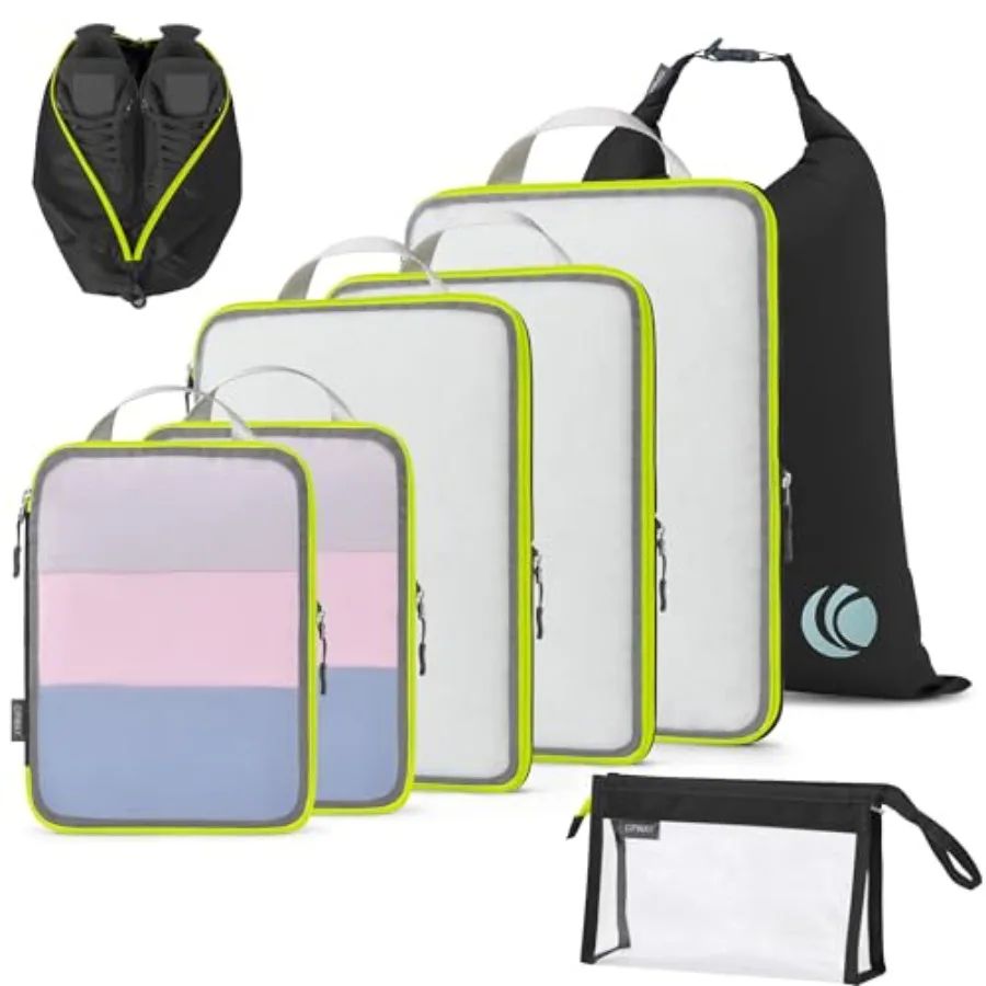 

Compression Packing Cubes Mesh, Lightweight Luggage Organizer Bags with Laundry Bag, Toiletries Bag and Shoe Bag, Travel Essent