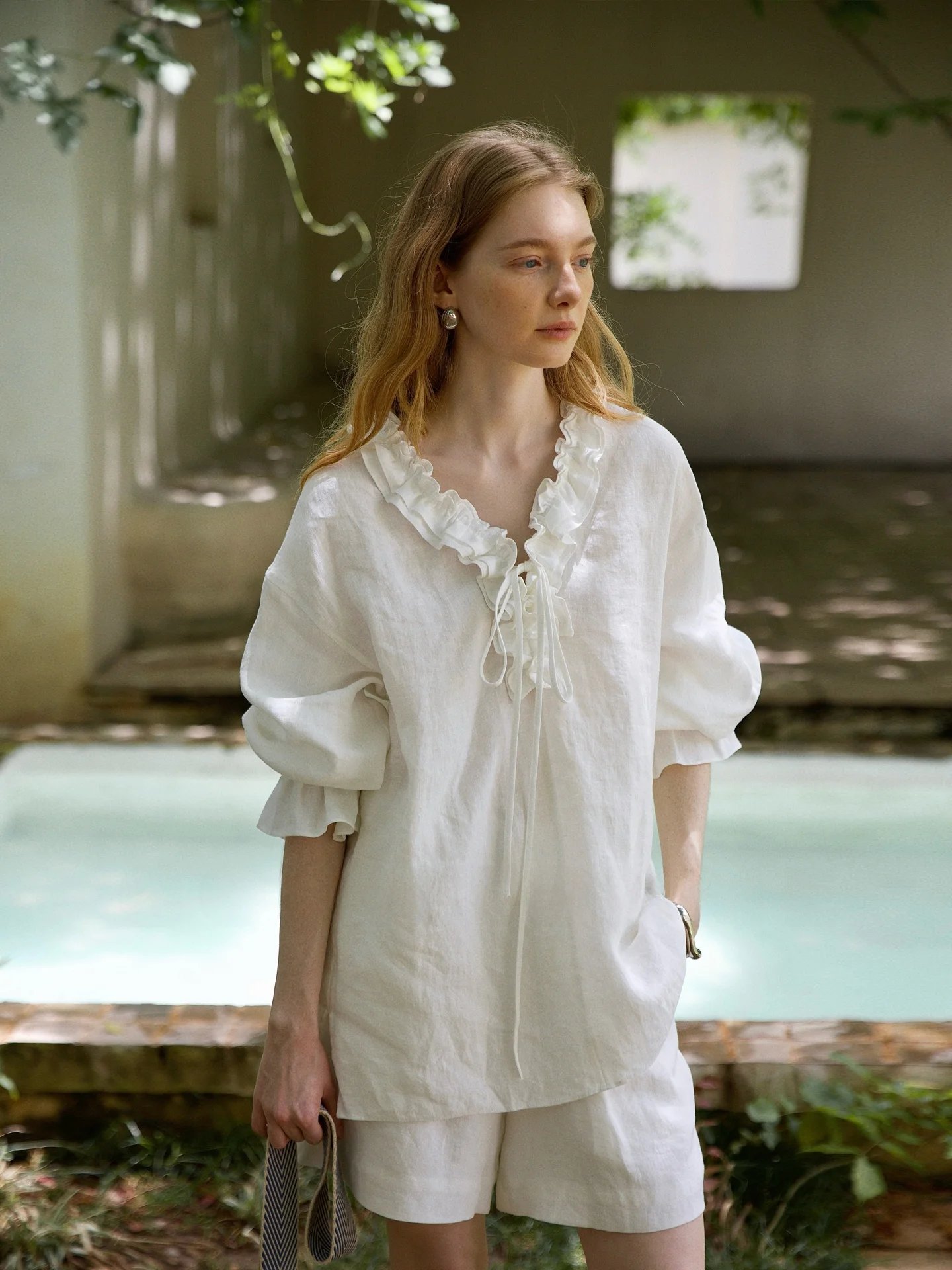 

COUNTONME Romantic Lazy 00% Linen Handmade Wood ain V-ne Tie irt Women's Loose Fit Long Sve Moisture ng