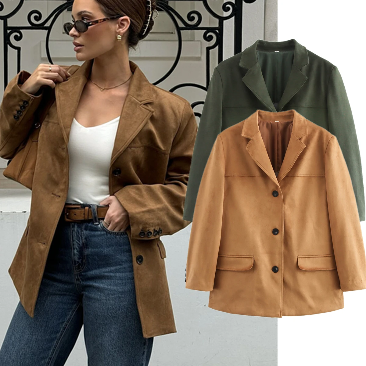 

Maxdutti Minimalist Deerskin Velvet Single Breasted Jacket, Loose Fitting Suede Suit Jacket Women Blazers Tops