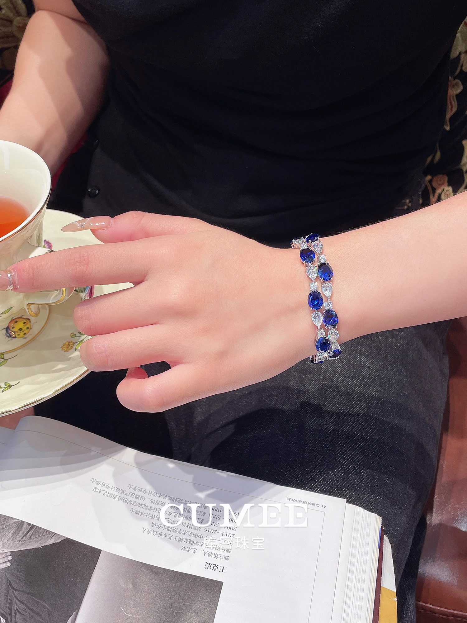 CUMEE High  End Double Row Dinner Bracelet – Lab-Created Sapphire Bracelet in 925 Silver Gold Plated