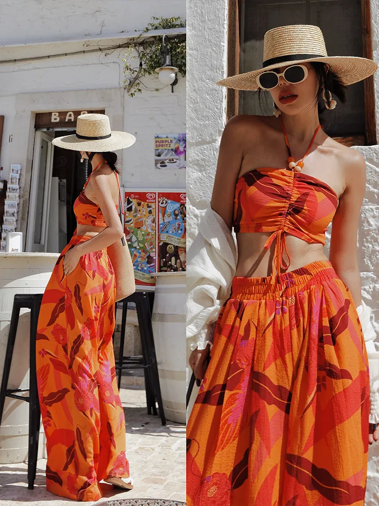 

TIYIHAILEY Wide Leg Long Pants For Women Trousers Elastic High Waist Casual Printed Ladies Halter Neck Top 2Pcs Sets 2026