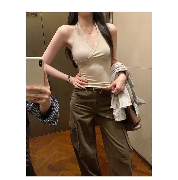 Spice-Girl-Style Neckholder-Cross-V-Neck-Camisole für Damen – Sommer 2026 Neuheit – Outerwear Tank Top im koreanischen Stil – Einfarbiges Crop Top – Detail 10