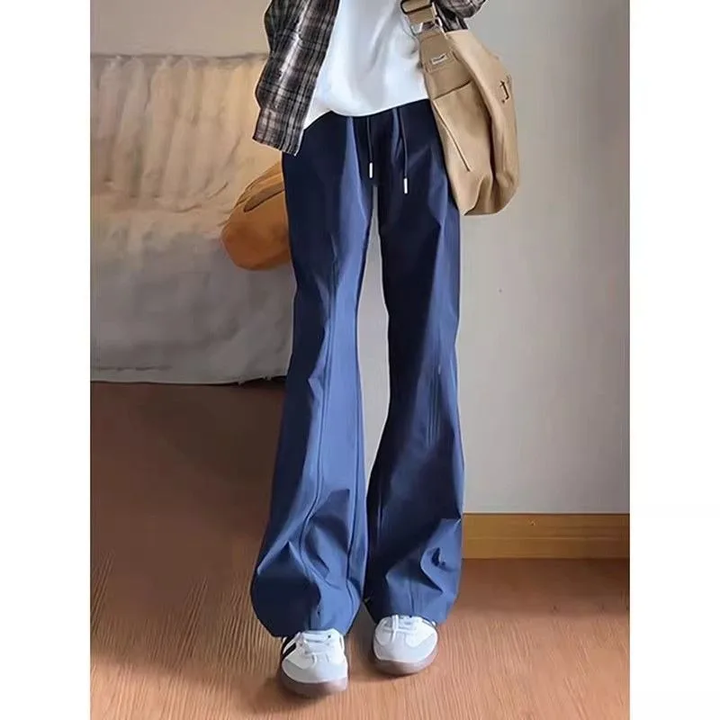 

Темно-синие расклешенные быстросохнущие брюки для женщин летом, удобные брюки из тонкого ледяного шелка, повседневные простые наклонные спортивные брюки