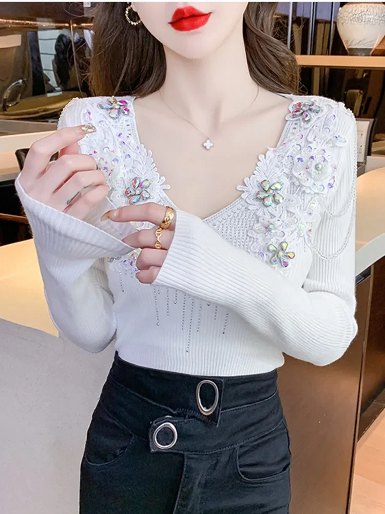 Autumn Beaded Knitted Pullover Jumper Tops Luxury Rhinestone Lace Sweater For Women Simple Basic Knitwear Fenale Clothing