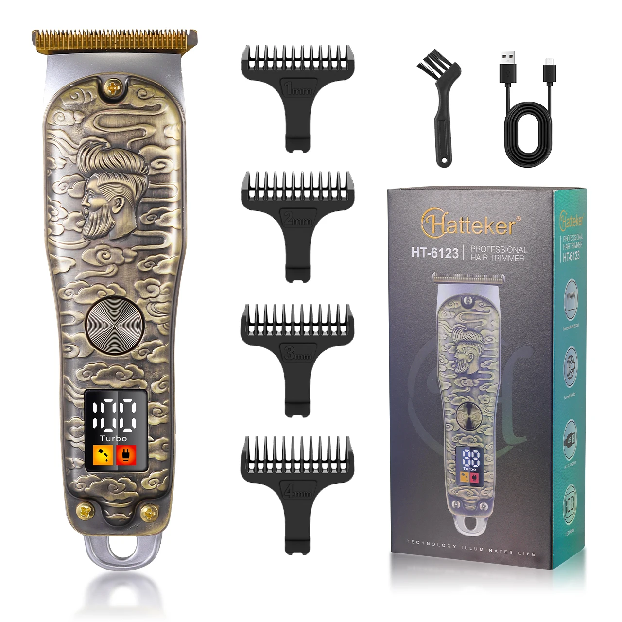 Hatteker Hair Clipper Men‘s Beard Trimmer Professional Cordless Rechargeable Hair Cutter Kit Barber Shop Strong Power for Bald