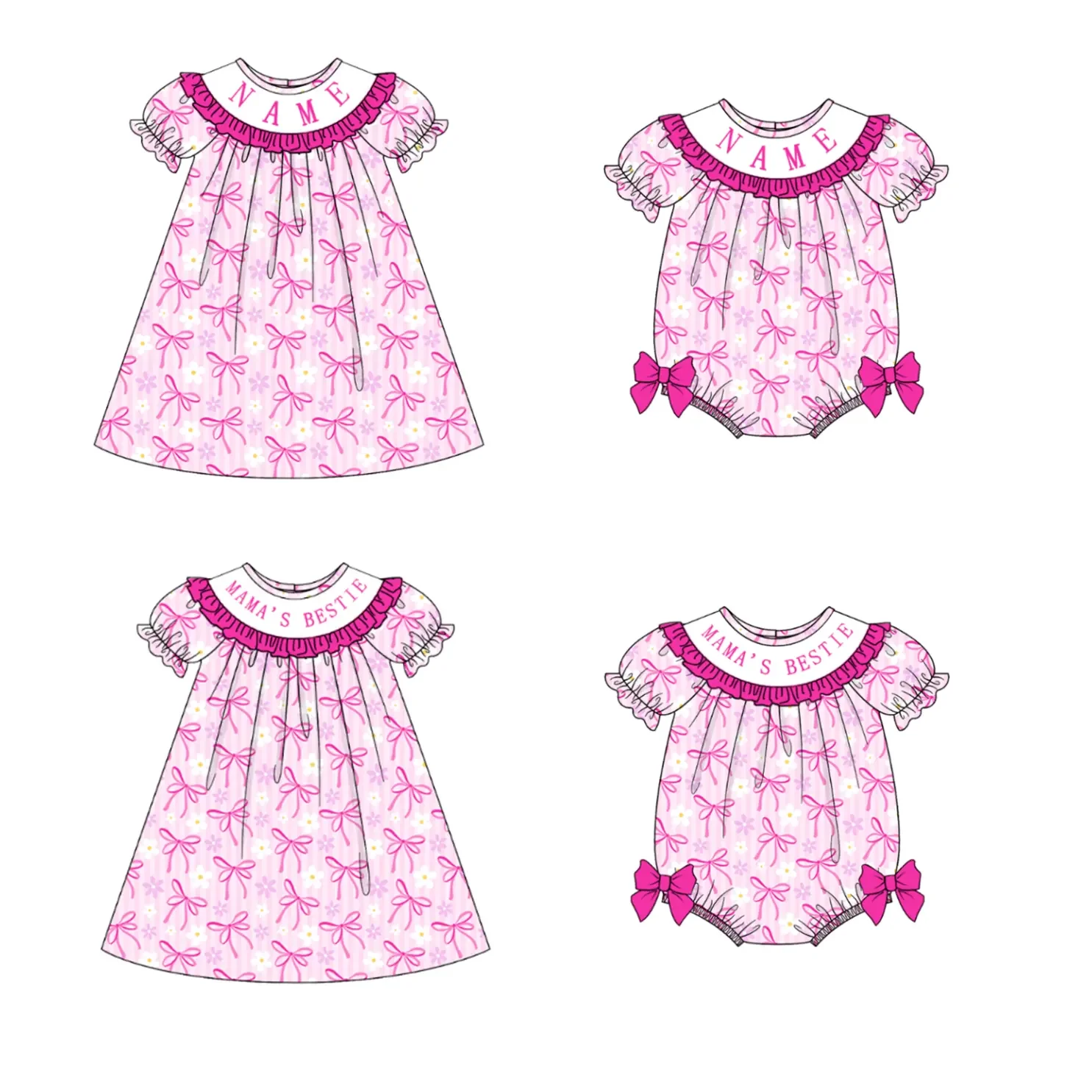 New boutique children's suit short-sleeved elastic flower bow print girl dress baby jumpsuit bow name customization