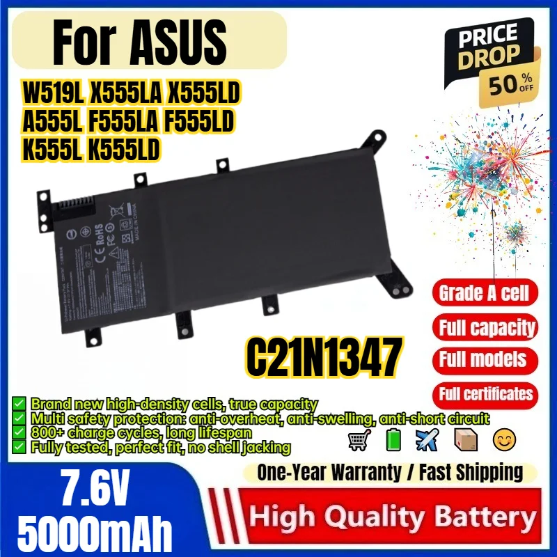 C21N1347 for ASUS W519L X555LA X555LD A555L F555LA F555LD K555L K555LD Laptop Battery Replacement Bateria Grade A Cell with Tool